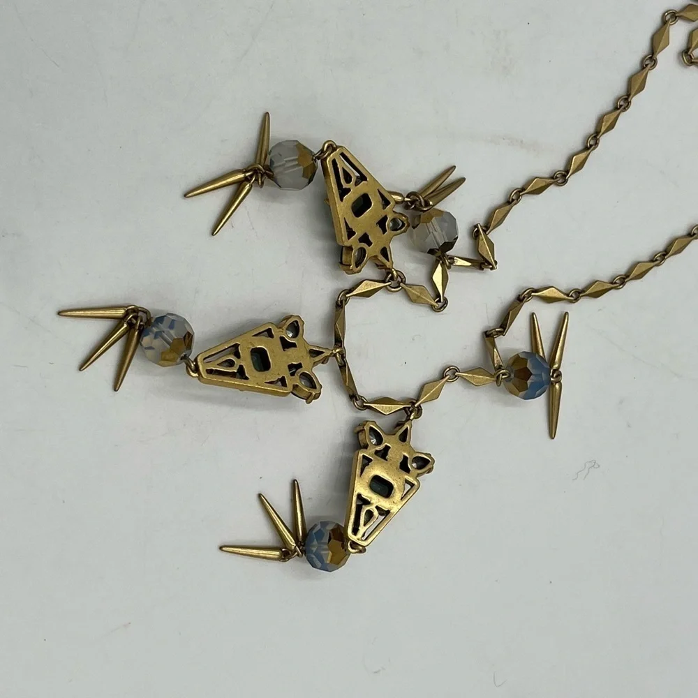 J. Crew Gold Tone Blue Aurora Borealis Blue Cabochon Spike Long Necklace New‎